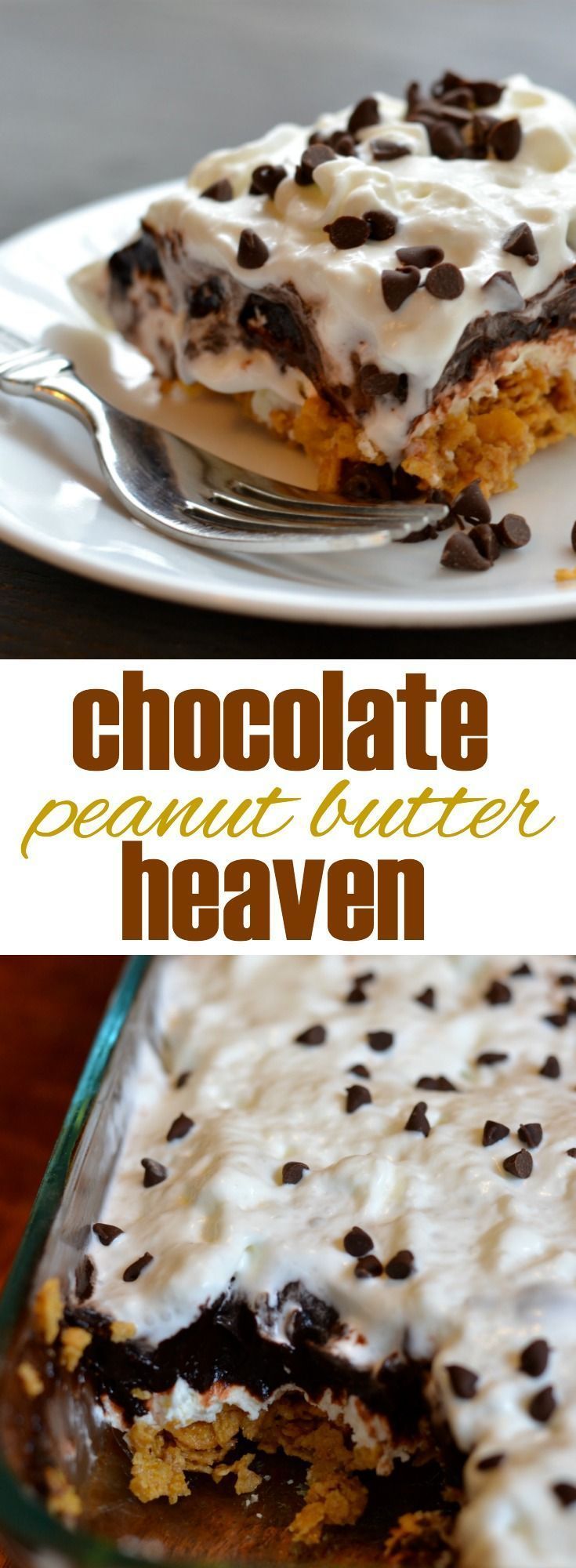 This easy, no bake dessert truly tastes like heaven. Layers of peanut butter “crunch,” sweetened cream cheese, and dark chocolate