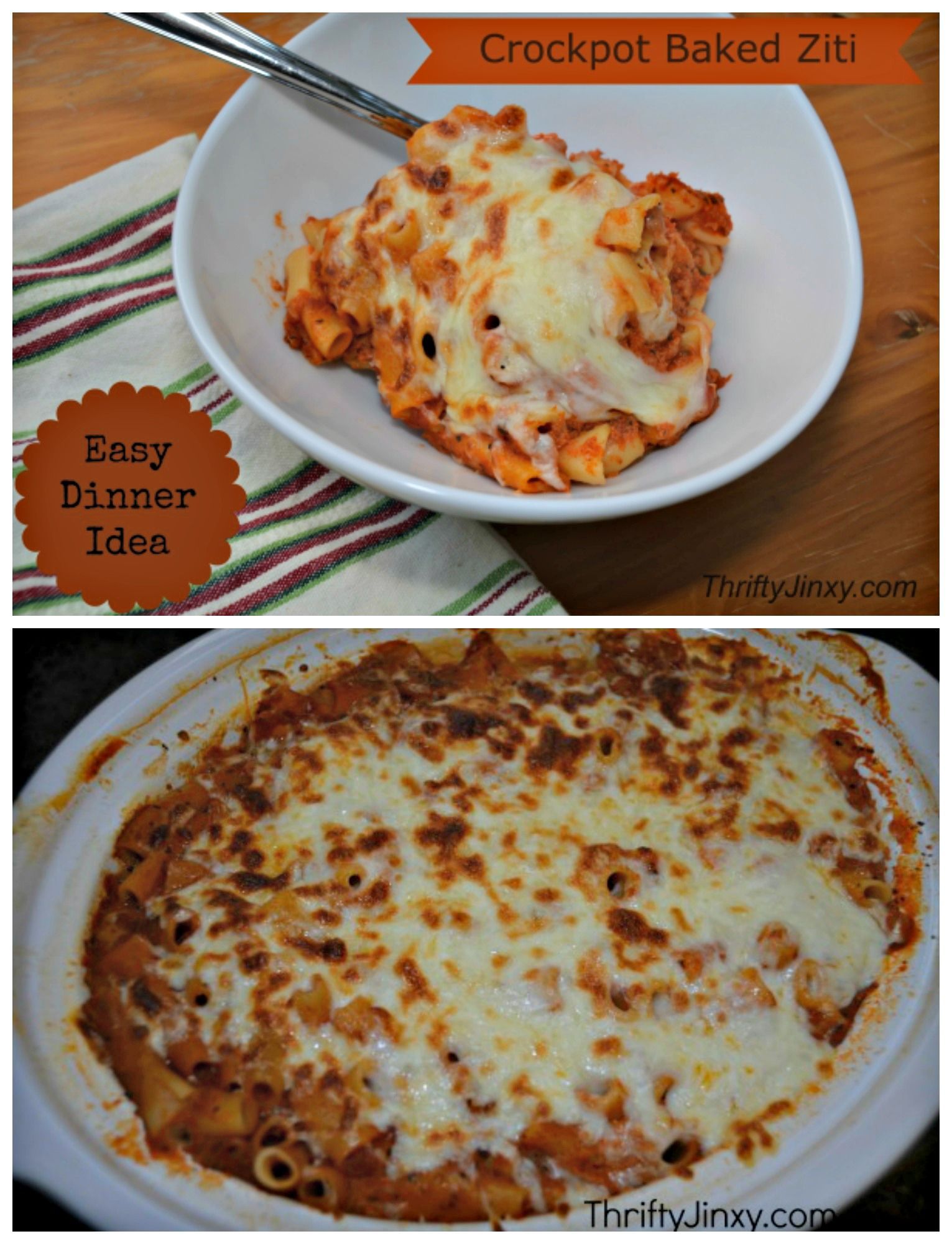 This no-boil Crockpot Baked Ziti Recipe is easy to throw together in the slow cooker in the morning to hav