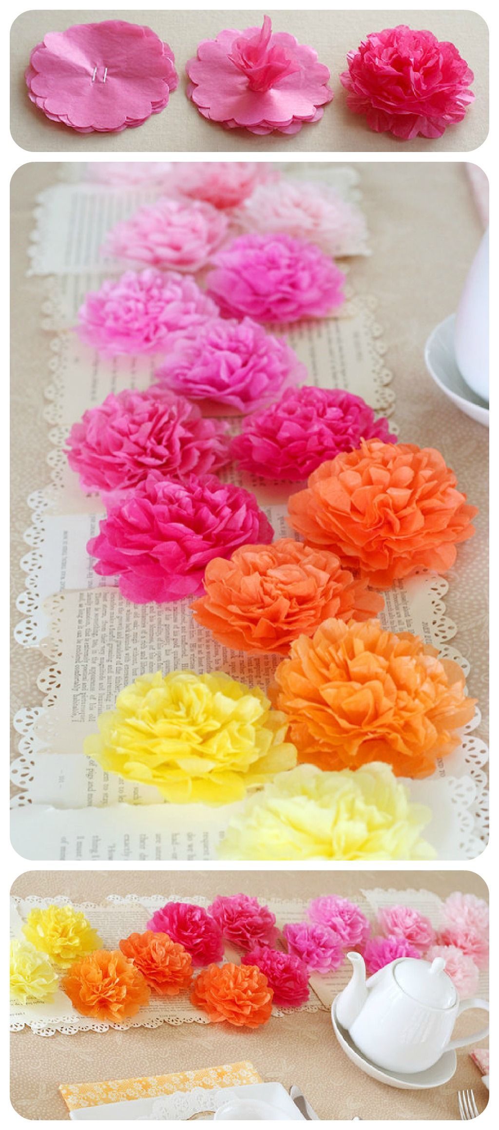 Tissue Paper Flower Runner: Use around 8 sheets of tissue paper for each flower and punched all 8 layers a