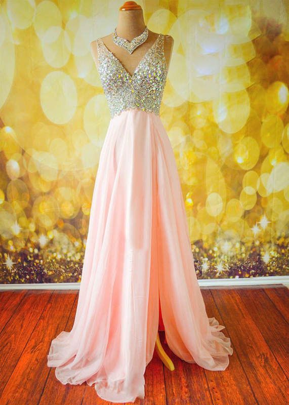 Unique v neck sequin long pink prom dress for teens, modest prom dress long