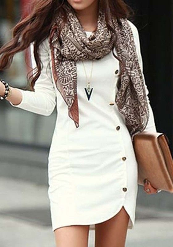 White Plain Button Decorated Sheath Slim Fit Side Round Neck Long Sleeve Trendy Mini Dress – Mini Dresses