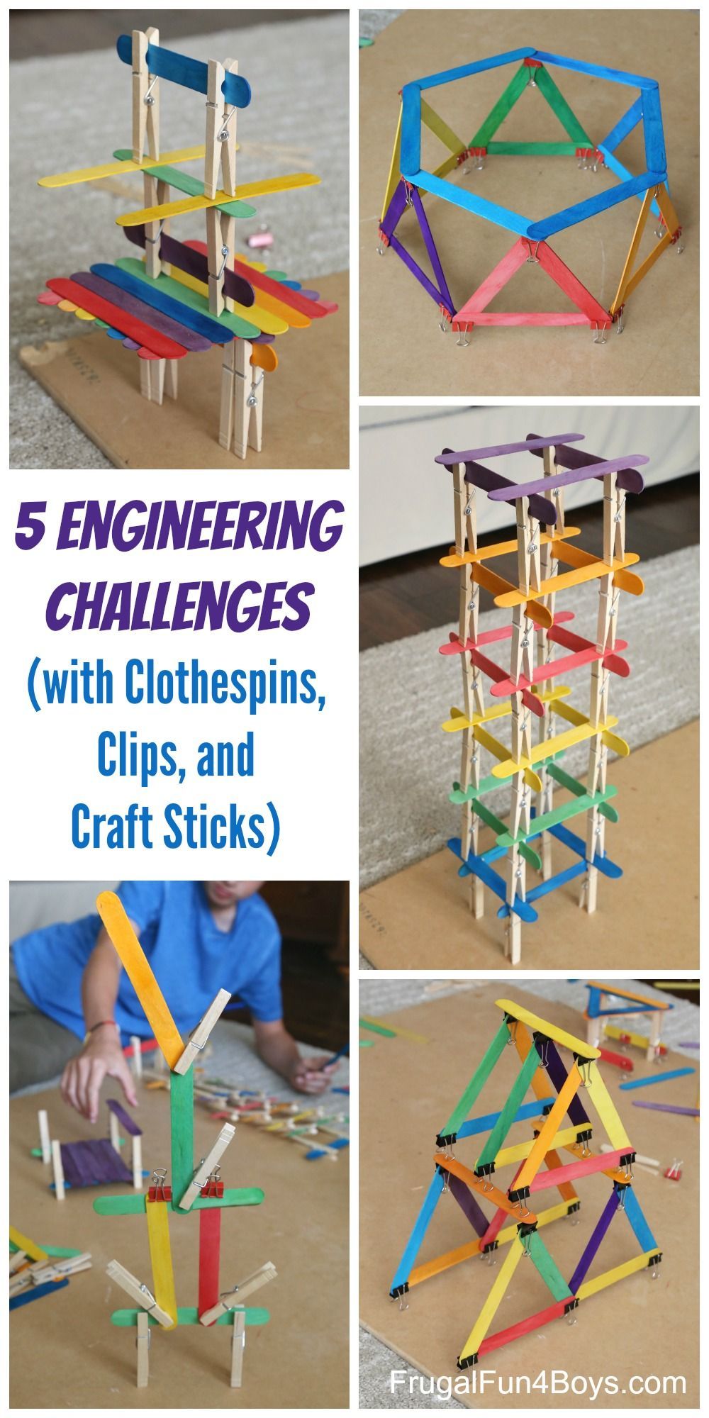 5 Engineering Challenges with Clothespins, Binder Clips, and Craft Sticks.  Awesome STEM activity for