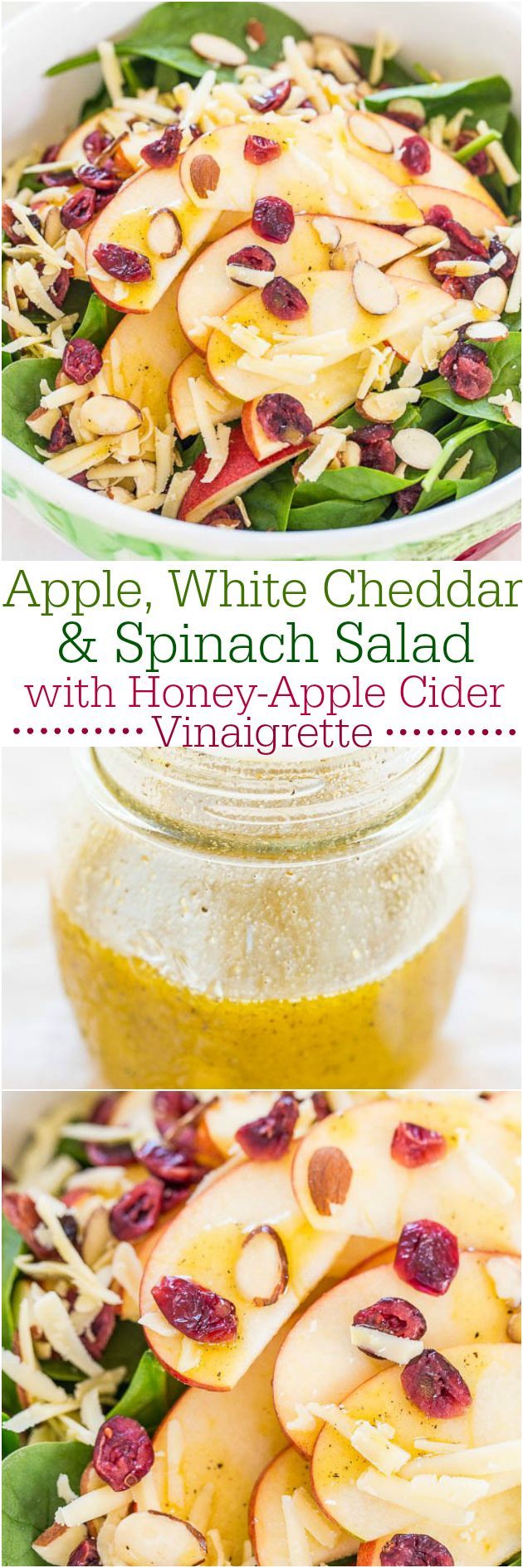 Apple, White Cheddar, and Spinach Salad with Honey-Apple Cider Vinaigrette – The flavors just POP in this