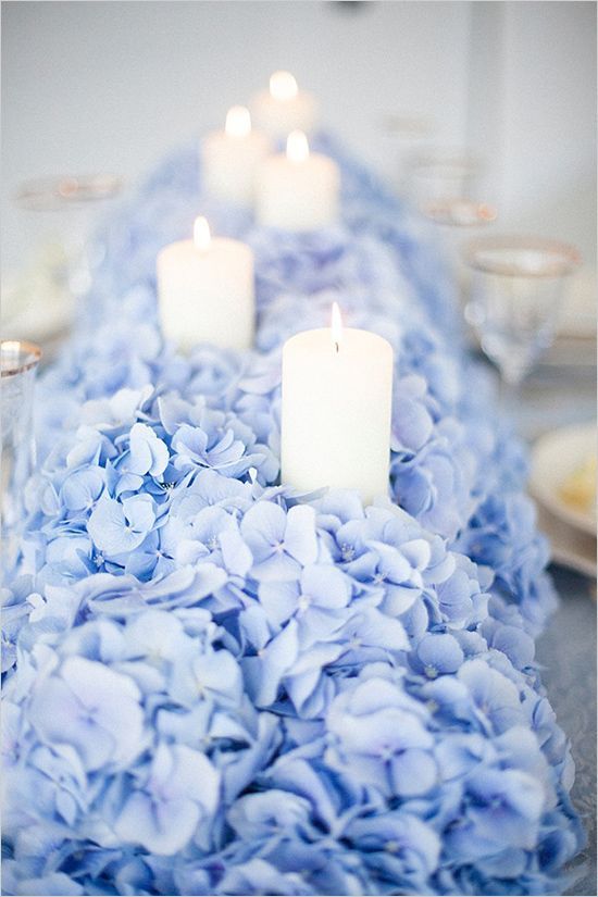 blue hydrangea table runner with candles @wedding chicks