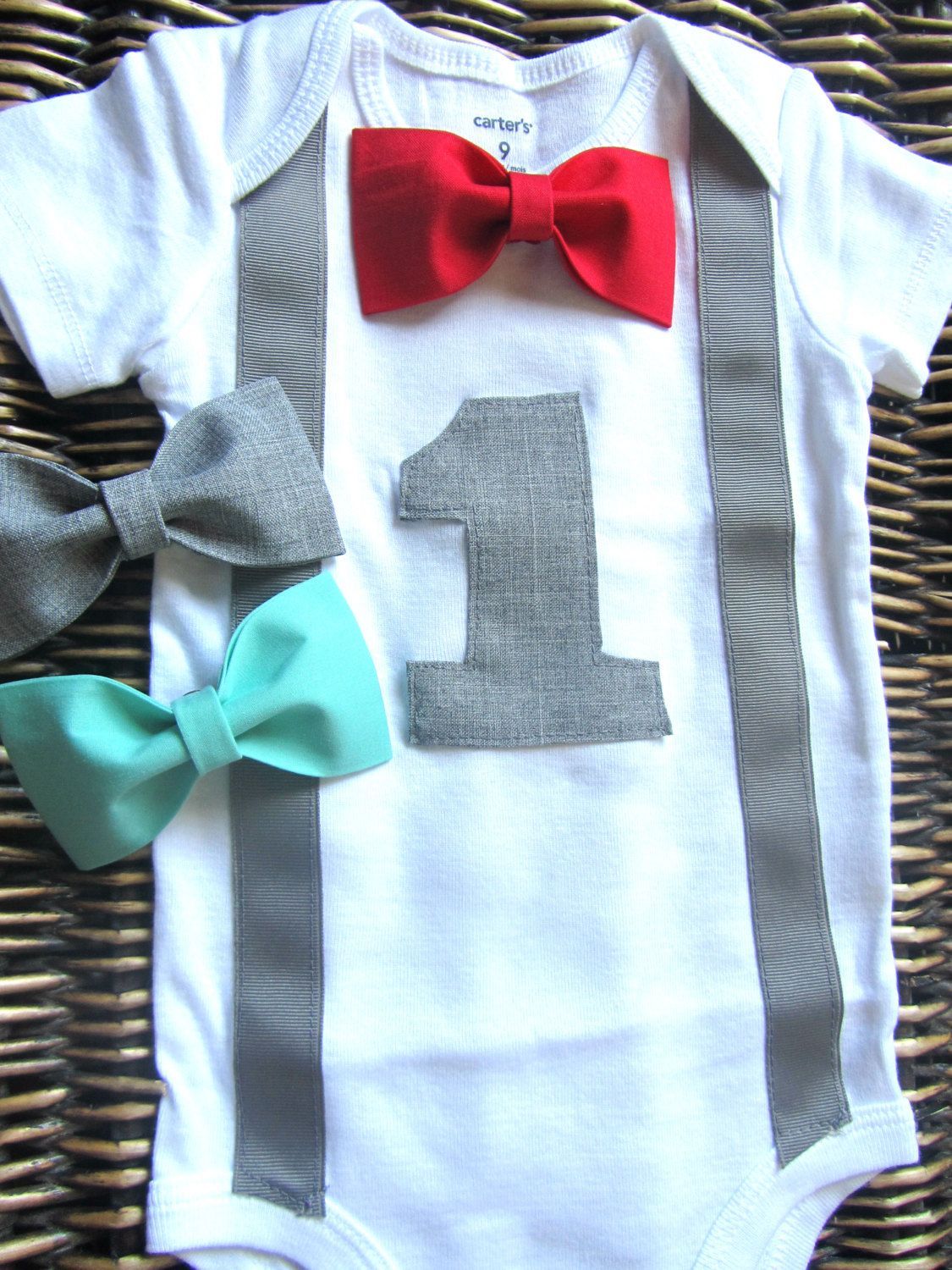 Boys First Birthday Outfit – Baby Boy Clothes – Gray Suspenders and Aqua Red Gray Bow Tie – Boys Birthday