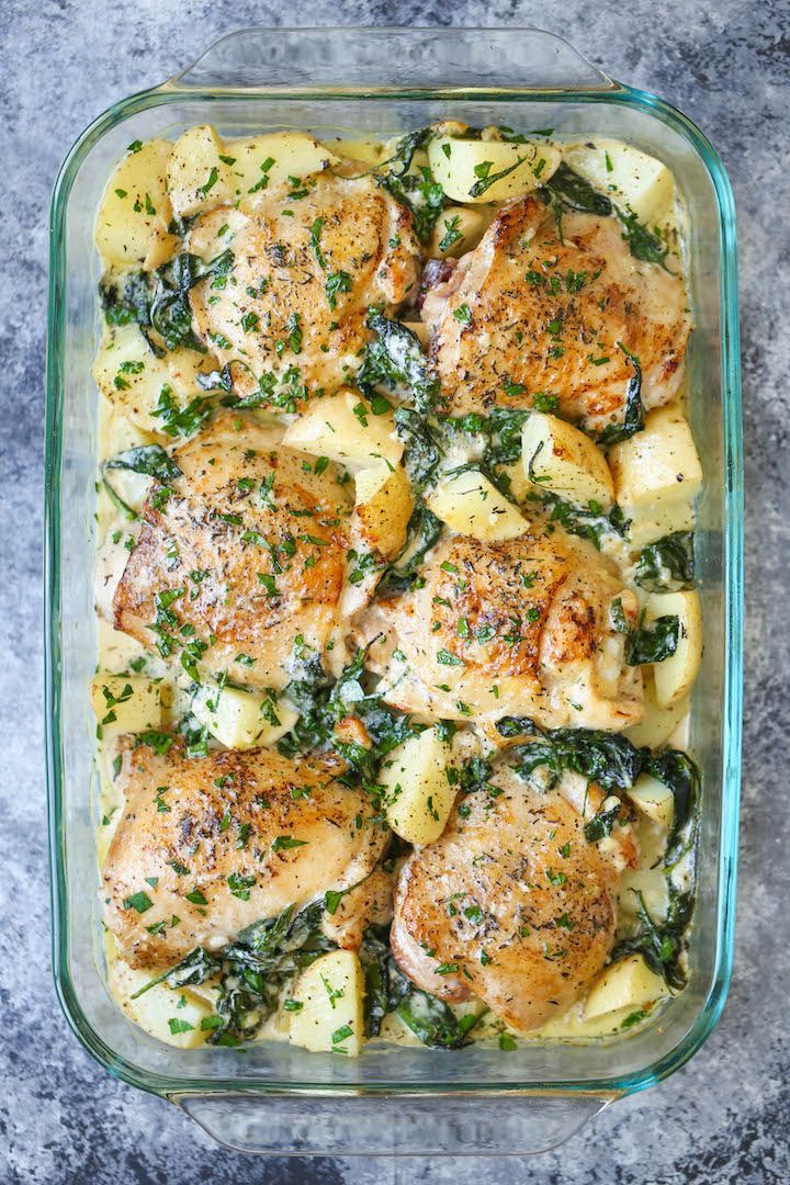Chicken and Potatoes with Garlic Parmesan Cream Sauce – Crisp-tender chicken baked to absolute perfect