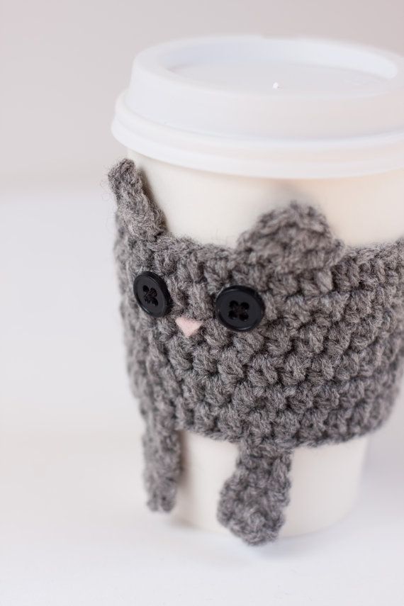 Crocheted Cuddly Grey Kitty Coffee Cup Cozy by CuddlefishCrafts, $25.00