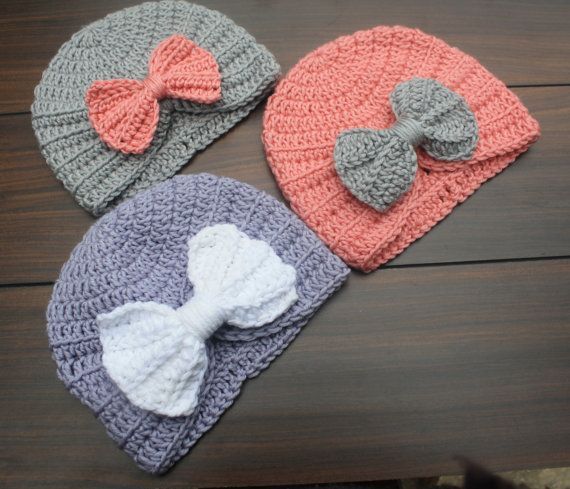 Crocheted Infant Baby Turban with added bow for just a touch of extra cuteness