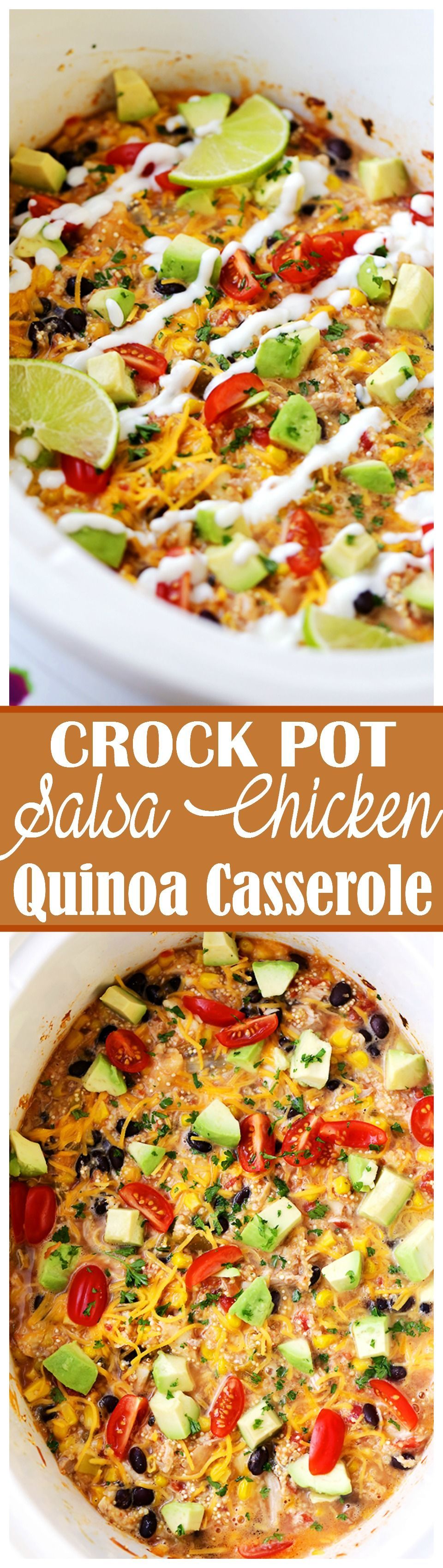 Crock Pot Salsa Chicken Quinoa Casserole Recipe – Packed with quinoa, chicken, veggies, and salsa, this is