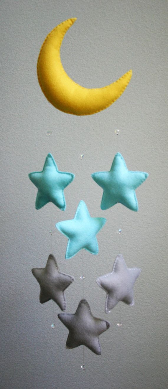 Dreamy Moon and Falling Stars Nursery Mobile with Glass Crystals. Modern Baby.