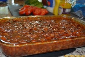 Easy Baked Beans – 2 18 oz cans of baked beans, 3/4 cup brown sugar, 1 tsp dry mustard, 6 slices of bacon,