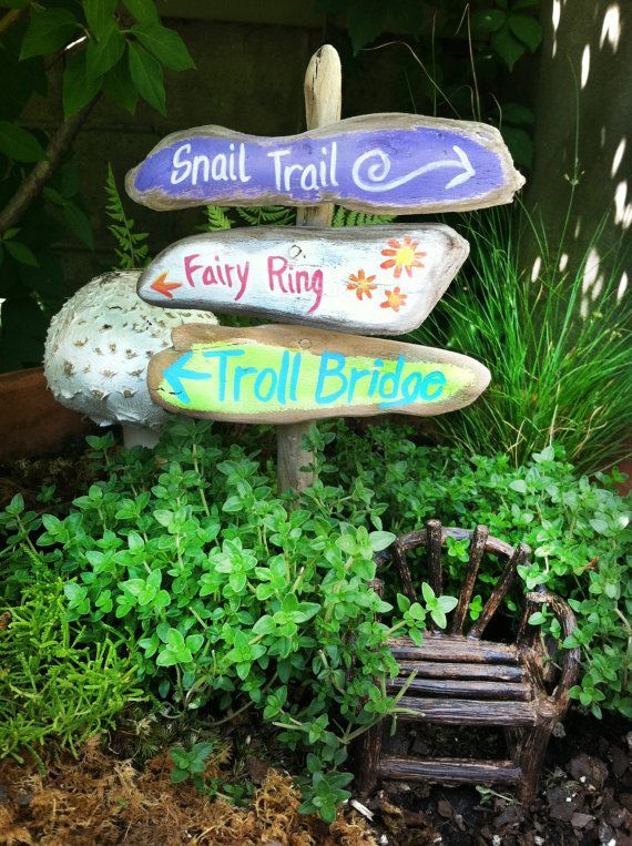 fairy garden signpost, painted signs fairy ring, snail trail, troll bridge on a rustic sign post, minature