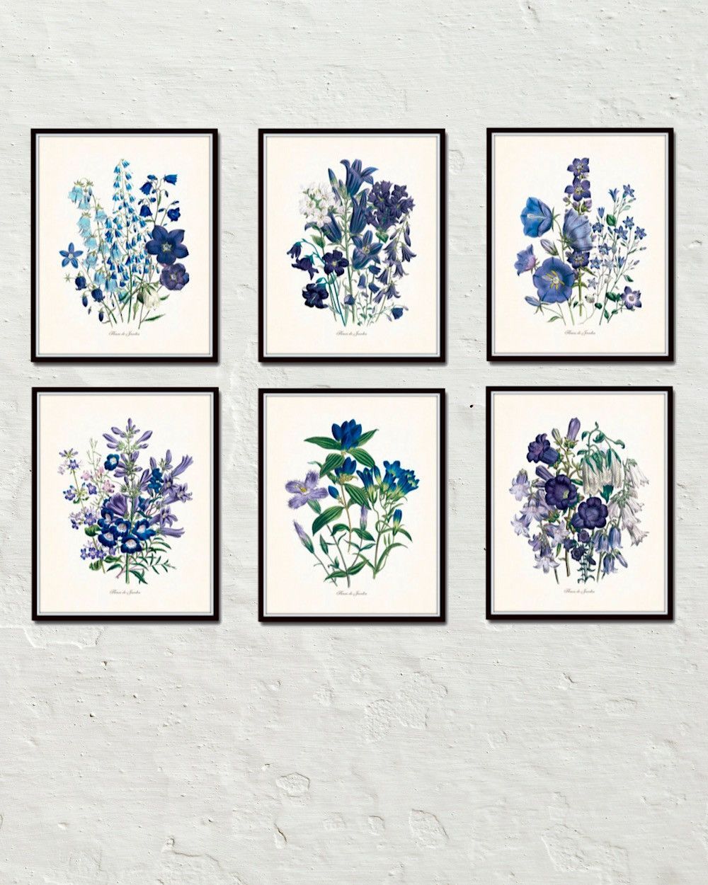 Fleurs De Jardin Blue Series – Botanical Print Set – Printed on archival canvas – Makes a charming vintage