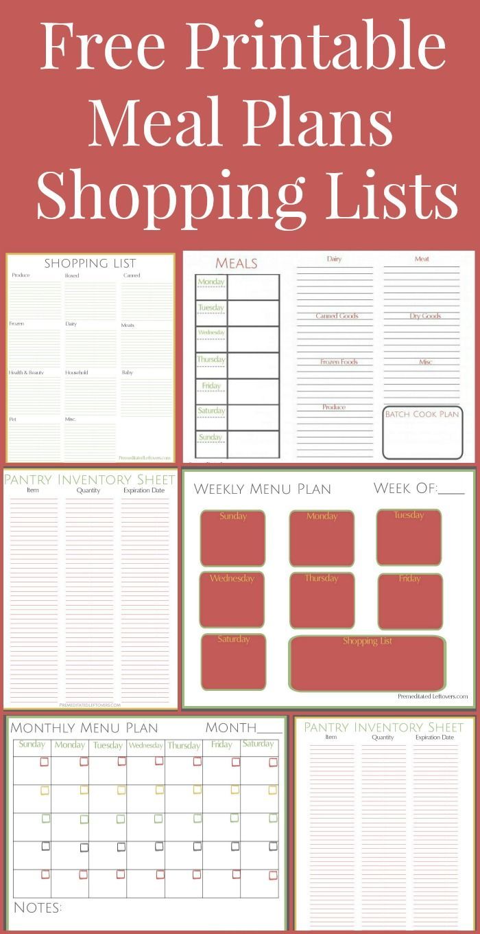Free Printables including a weekly meal plan, month menu plan, freezer list, pantry list, shopping lis
