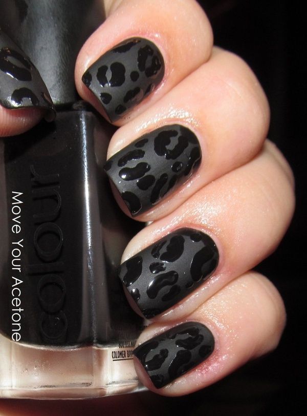 Great use of matte & shiny nail polish to create a leopard print pattern in black – could use any colour y