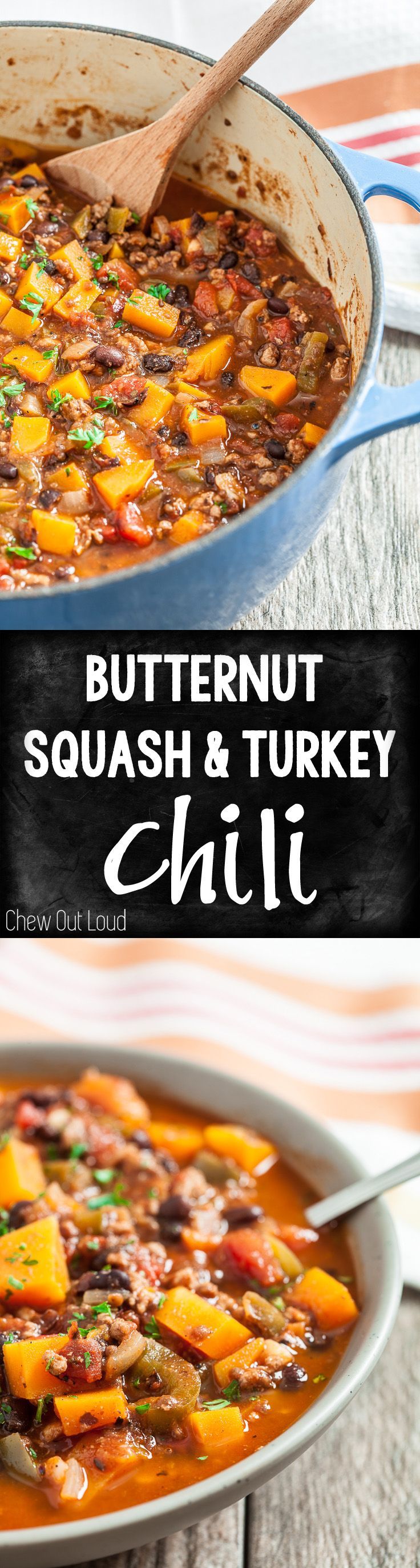 Hearty, healthy, and mouthwatering Butternut Squash & Turkey Chili. So flavorful and comforting. #chili