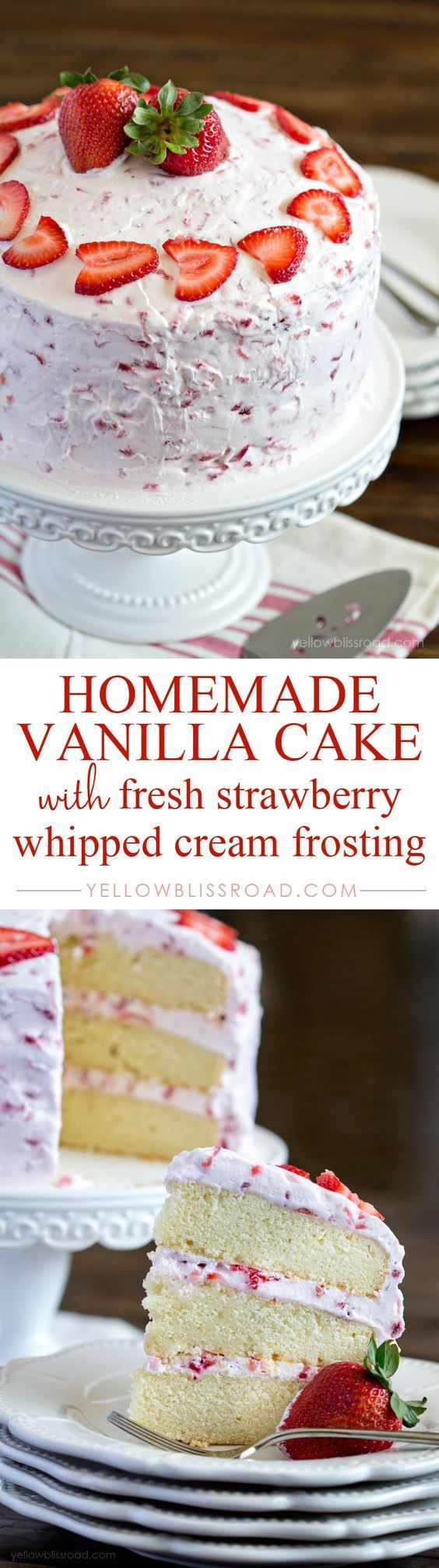 Homemade Vanilla Layer Cake with Fresh Strawberry Whipped Cream Frosting. Looks so good!