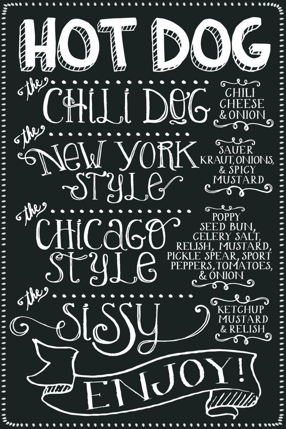HOT DOG MENU /// Chalkboard Style Custom Party Decor Printable by MilkBananaStudio on Etsy