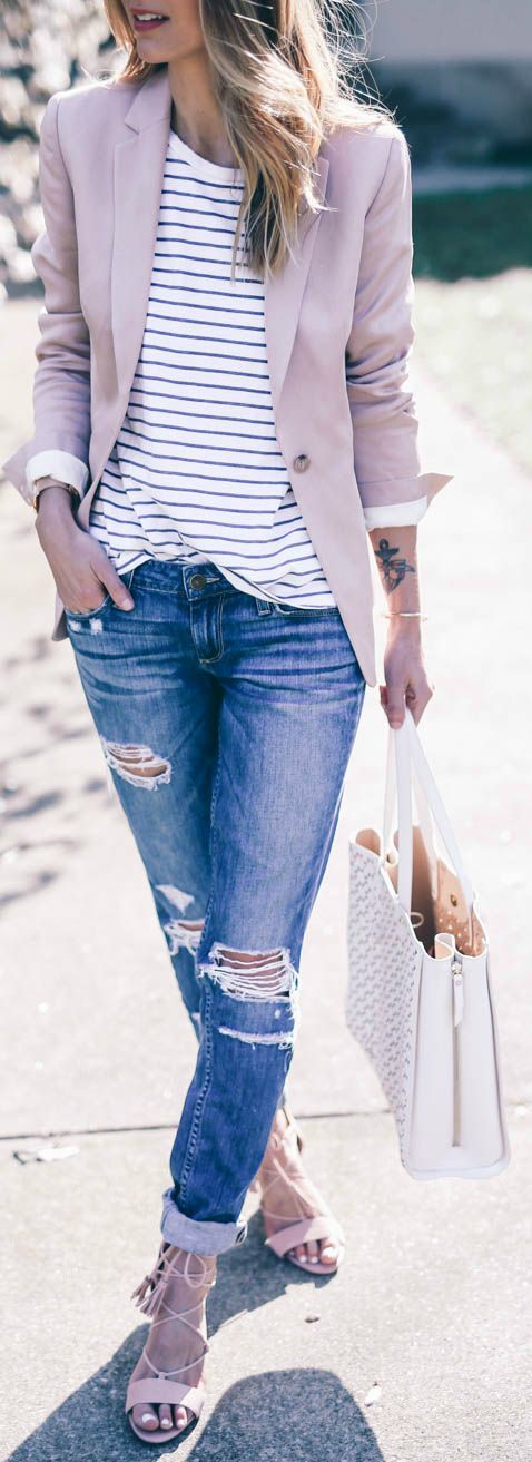 Jess Ann Kirby + classic spring style + distressed denim jeans + striped tee + pastel coloured blazer + cu