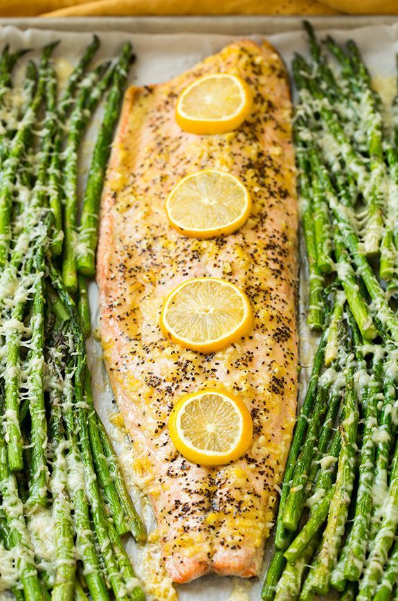 One Pan Roasted Lemon Pepper Salmon and Garlic Parmesan Asparagus | Cooking Classy