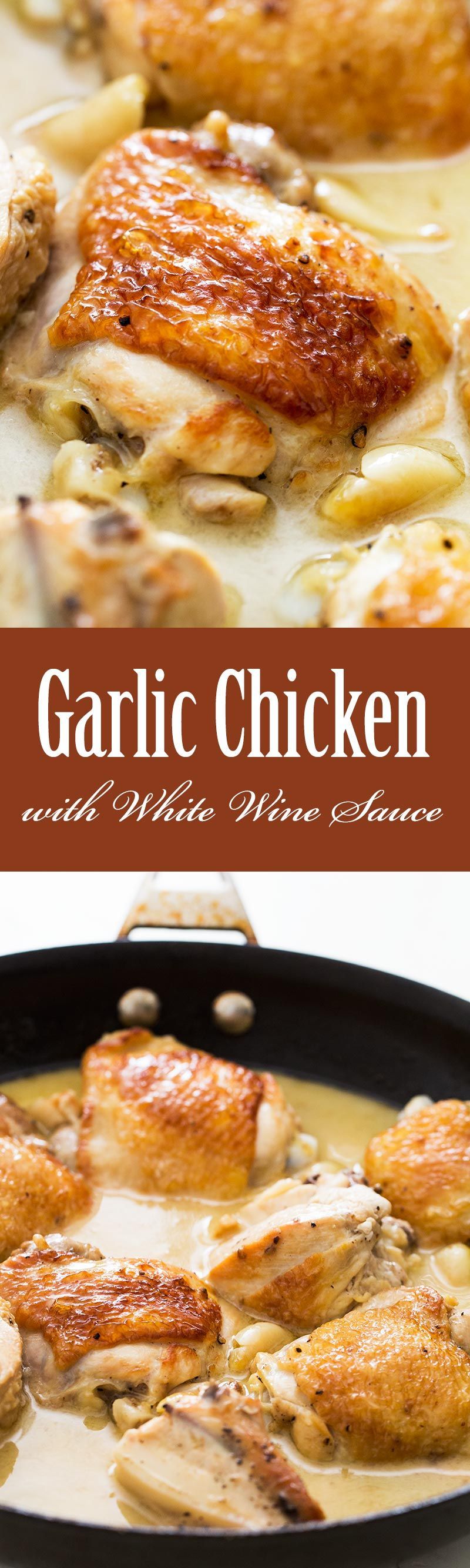 One Pan Stovetop 40 Clove Garlic Chicken! Chicken browned first in olive oil, then braised in white wine s