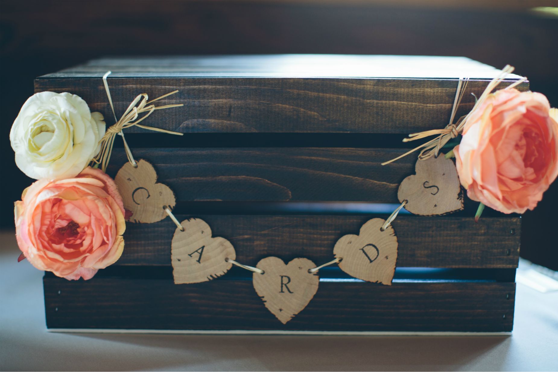 Our Wedding Card Box – DIY – Wood Burned – Espresso Stained Crate – Rustic Wedding – Barn Wedding – Card B