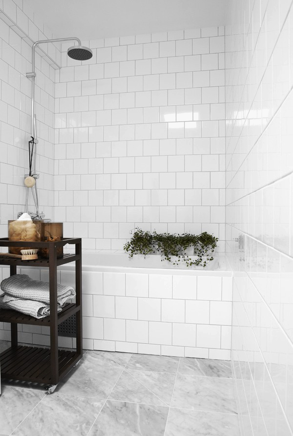 Subway standard tiles in white, marble floor. The Design Chaser: A Touch of Green