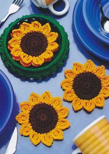 sunflowers crochet | Crochet Pattern Basket of Sunflower Coasters Instructions | eBay