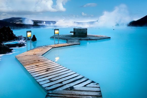 The Blue Lagoon in Iceland. The water averages 98-102 degrees fahrenheit because they are a part of a lava