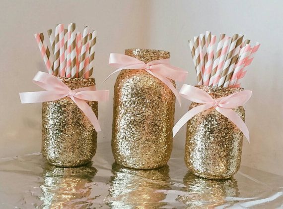This listing will provide you with a set of 3 glass glitter mason jars decorated with gold glitter and lig
