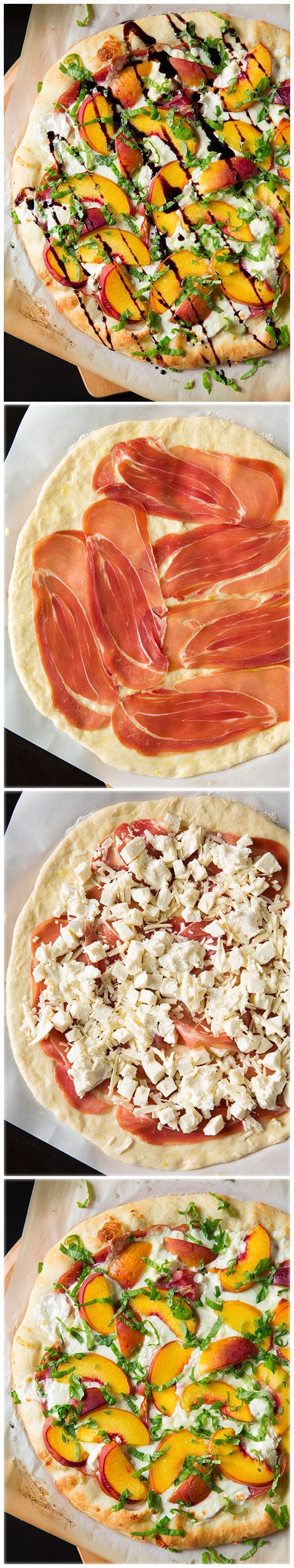 Three Cheese Peach and Prosciutto Pizza with Basil and Honey Balsamic Reduction – it’s AMAZING!! A summer