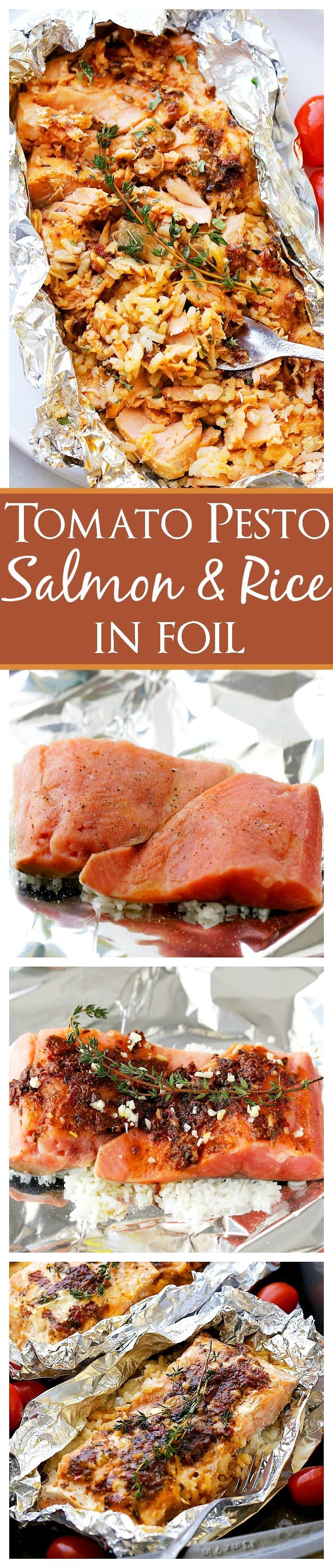 Tomato Pesto Salmon and Rice Recipe Baked in Foil – Incredibly flavorful, quick, 30-minute healthy dinner