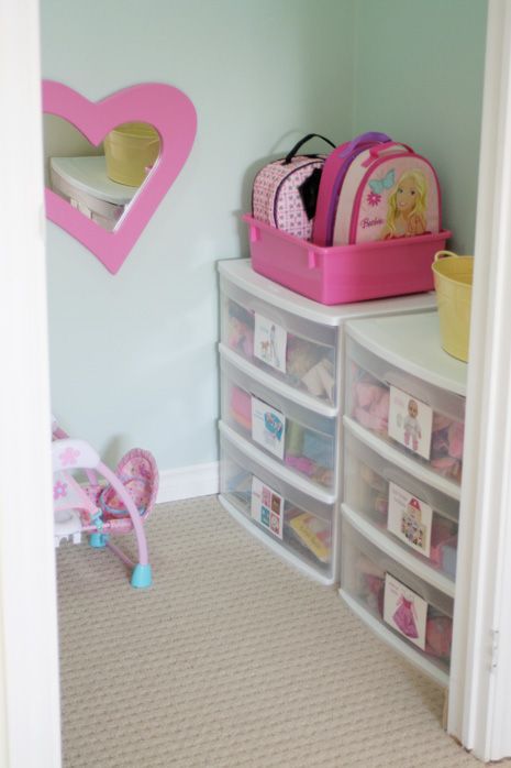 ~Toy Room Organisation~  Plastic craft storage drawers from the discount stores are great for organising t