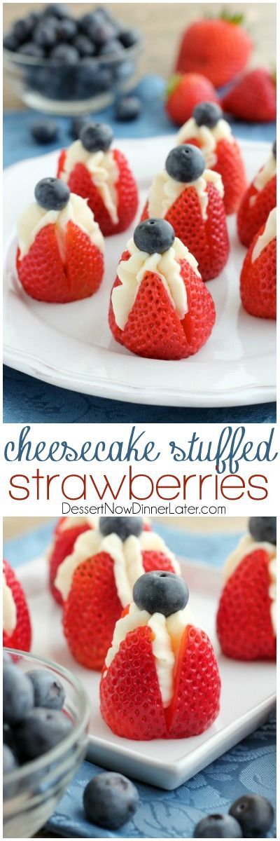 Try these easy red, white, and blue Cheesecake Stuffed Strawberries for a healthier patriotic dessert! Gre