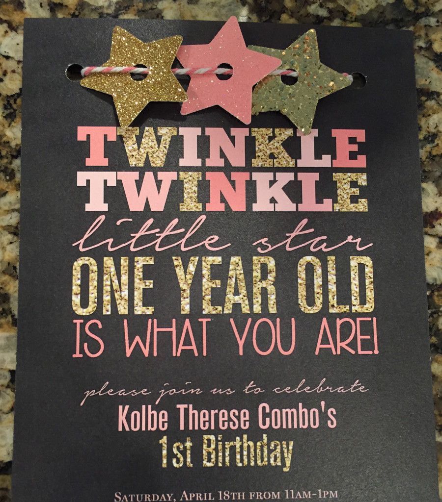Twinkle Twinkle little star first birthday invitations! I love the pink and gold sparkle!
