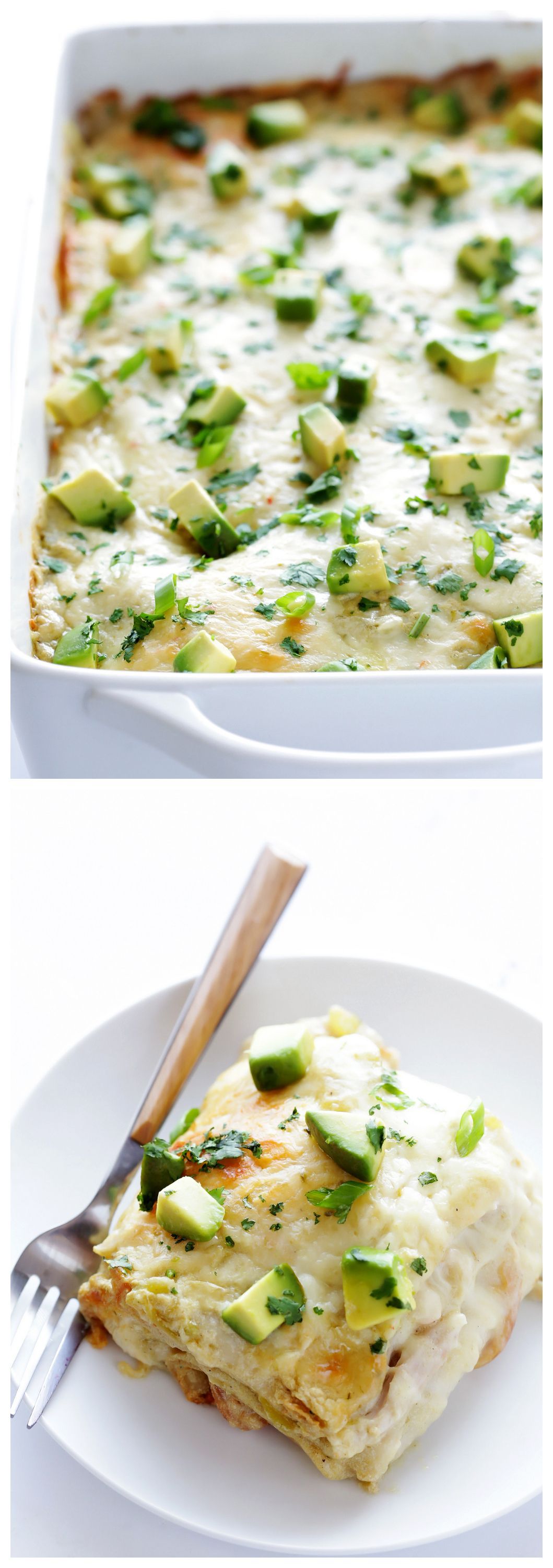 White Chicken Enchilada Casserole — made with a lighter cream sauce, SO tasty! | gimmesomeoven.com #mexic