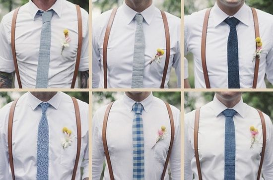 white shirt + skinny mismatched blue ties + brown suspenders = groomsmen goodness.