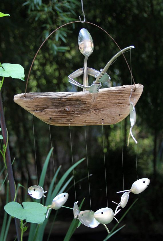 Wind chime Driftwood dingy with silver spoon fish by nevastarr. Coolest thing ever ♥