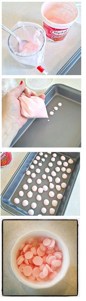 Yogurt Drops: Spoon flavored yogurt into a plastic bag. Squeeze dots onto cookie sheet and place in fr