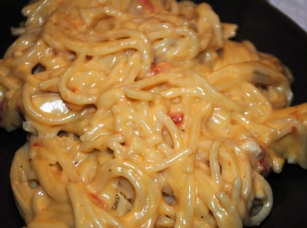 5-stars Amazing:  Chicken Spaghetti Recipe (Velveeta, Rotel, butter, cream of chicken, cream of mushro