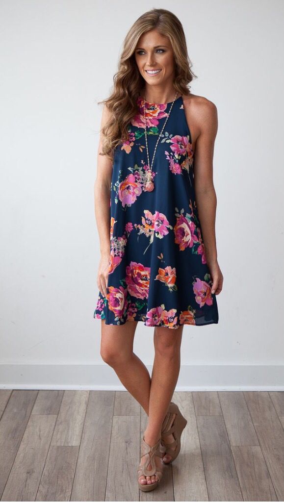 Adorable navy floral dress with pendant necklace and tan wedges. Want! Stitch fix spring 2016