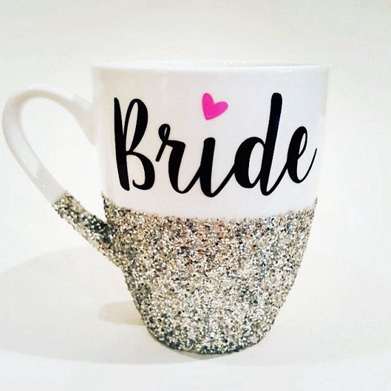 BRIDE with pink heart  hand glittered coffee mug by Boundtobeloved