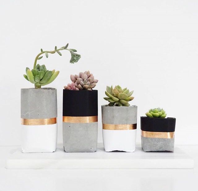 Concrete Pots // DiY Inspo. For desk or patio (but silver, not gold for patio). Pink coral, white, gol