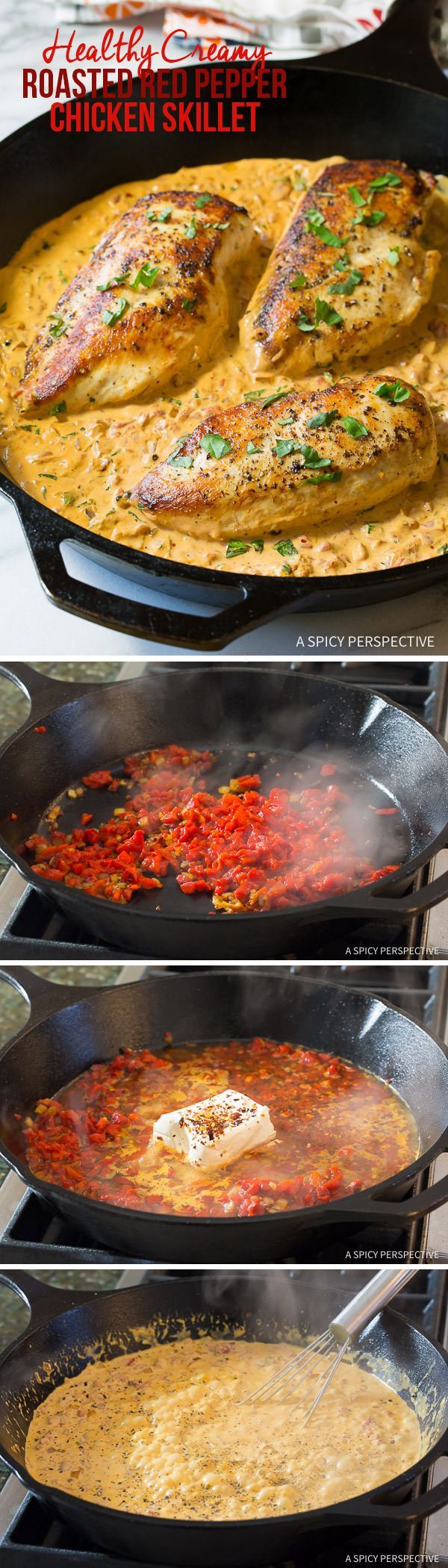 Easy to Make Healthy & Creamy Roasted Red Pepper Chicken Skillet Recipe | ASpicyPerspective…