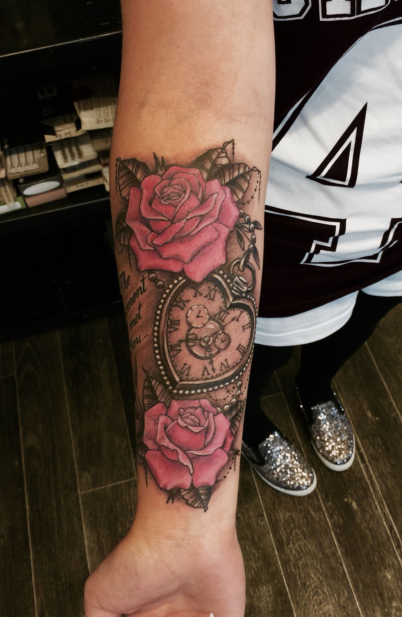 Heart shaped pocket watch and roses tattoo By Dzeraldas Kudrevicius