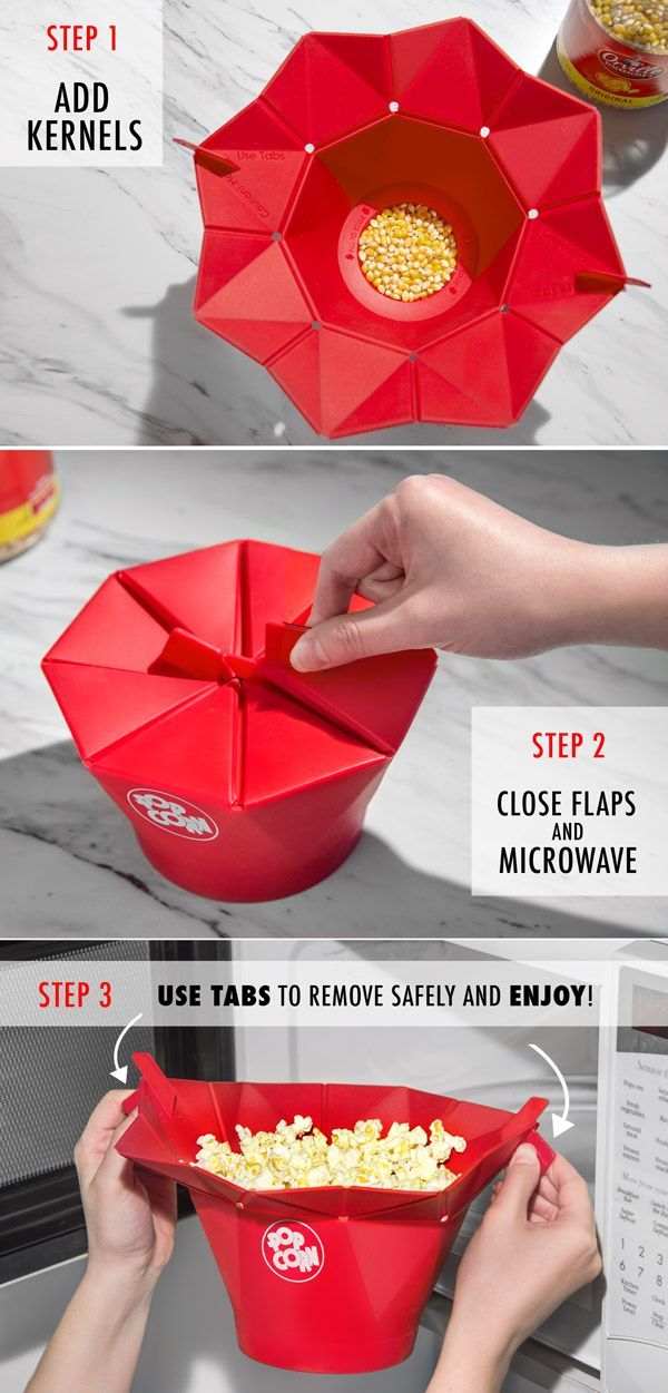 Just add kernels, close the flaps, microwave, and use the tabs to safely remove and enjoy!