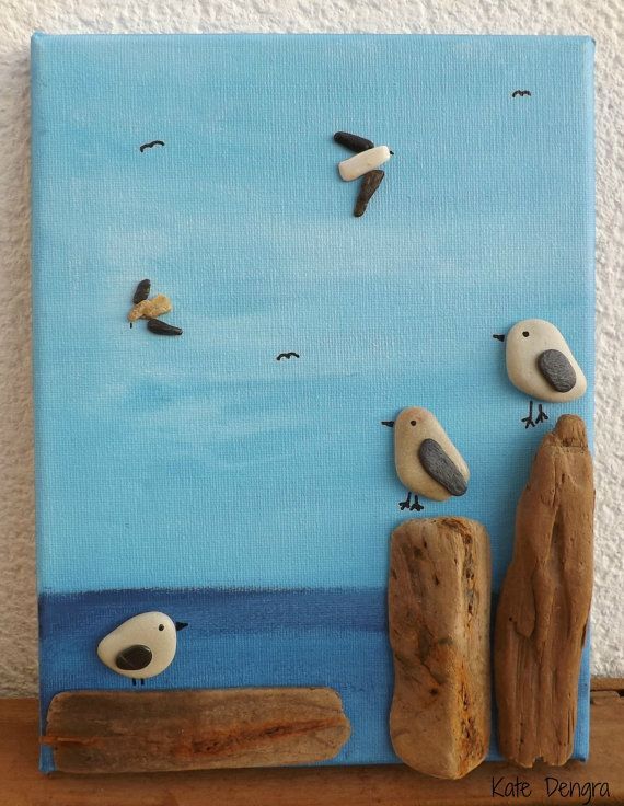 MTO riposo gabbiani gabbiano uccelli Pebble Driftwood mare vetro ceramica pietra arte pittura foto fat