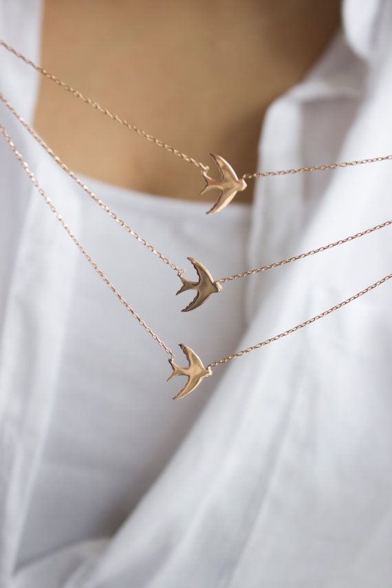 Necklaces Statement  / Swallow Bird Layered Sterling Silver Necklace, Rose Gold Plated, Excellent Qual