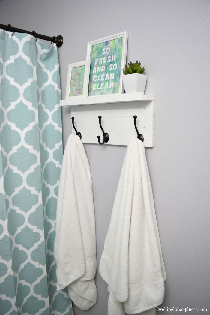 Nice how to on a simple but cute bathroom hook rack and shelf at Dwelling in Happiness! This cool proj