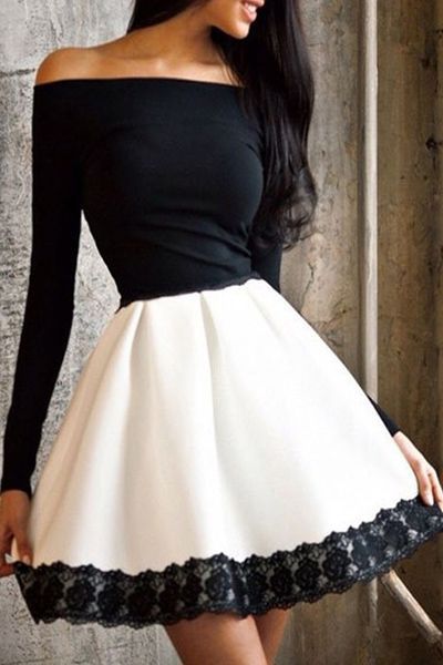 Off-The-Shoulder Color Block Fit And Flare Dress WHITE AND BLACK: Long Sleeve Dresses | ZAFUL
